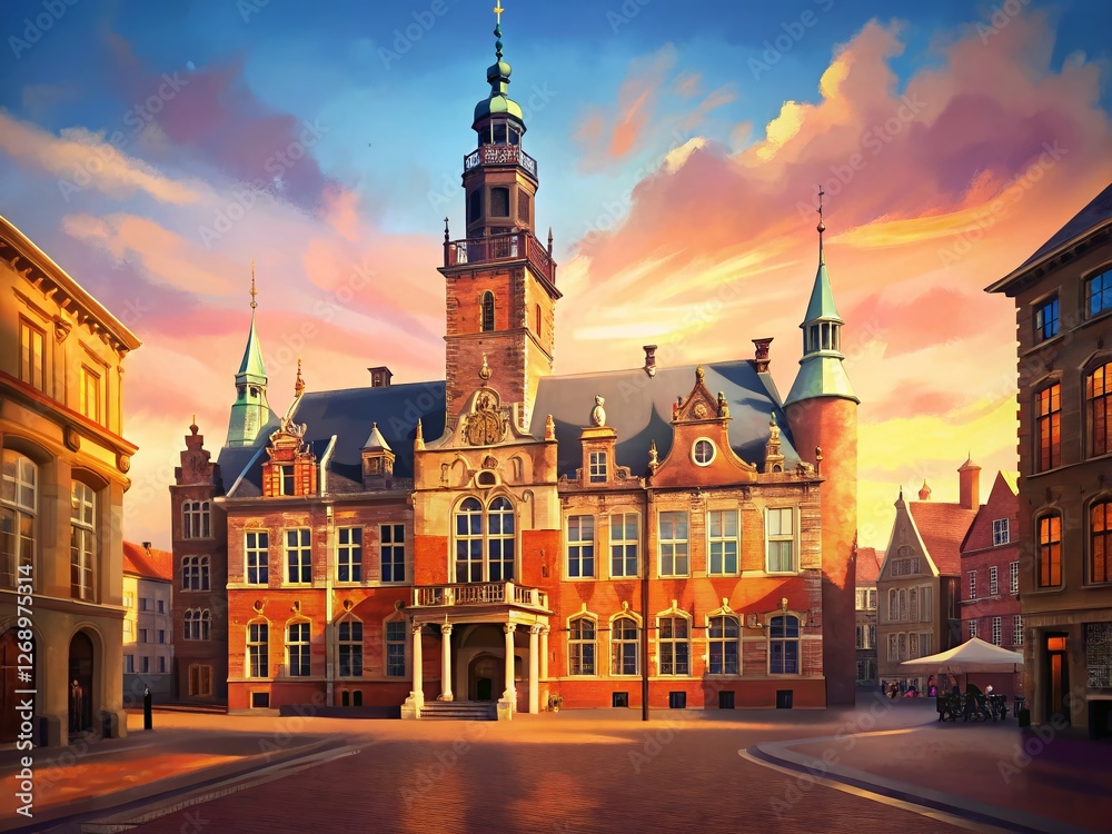 Fototapeta premium Historic Old Town Hall, The Hague, Netherlands: Charming Dutch Architecture with Copy Space