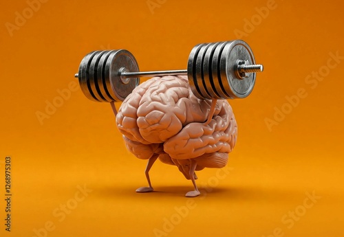 A stylized image of a brain lifting weights on an orange background