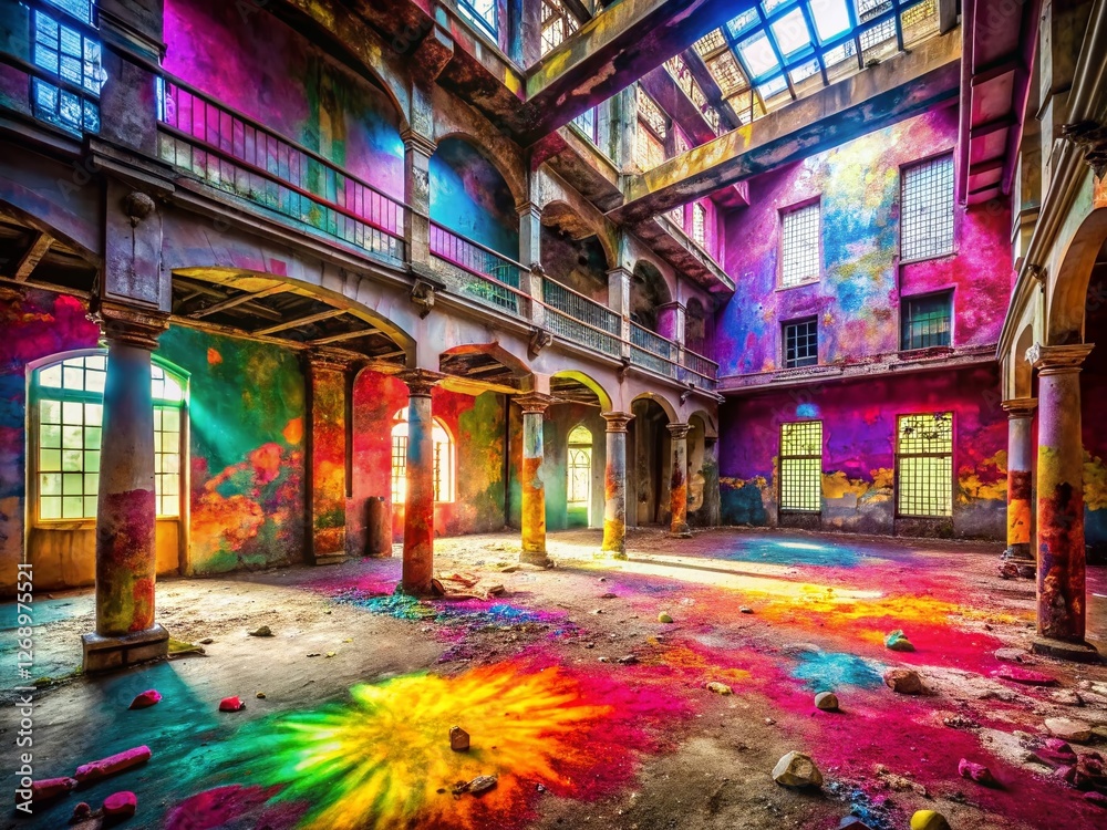 Fototapeta premium Holi Festival Urban Exploration: Colorful Powder Explosion in Abandoned Building