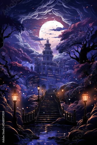 A beautiful landscape of a fantasy city with a castle, and trees