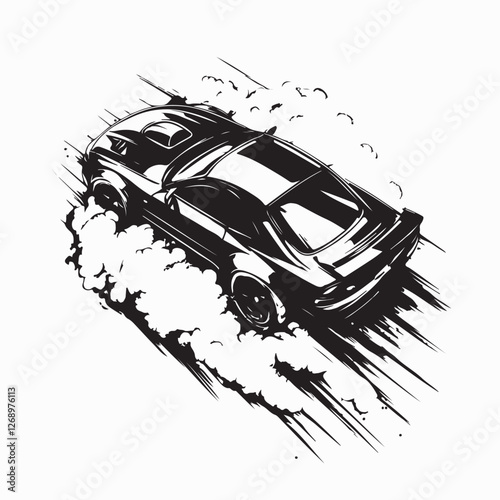 Top View of a Speeding Car Leaving a Trail of Smoke and Dust in Dynamic Vector Illustration