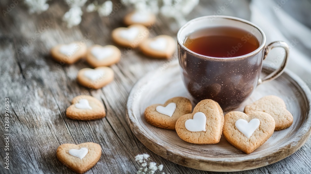 Heart-Shaped Cookies and Tea on a Rustic Wooden Table Setting Heart-Shaped Cookies and Tea on a Rustic Wooden Table Setting