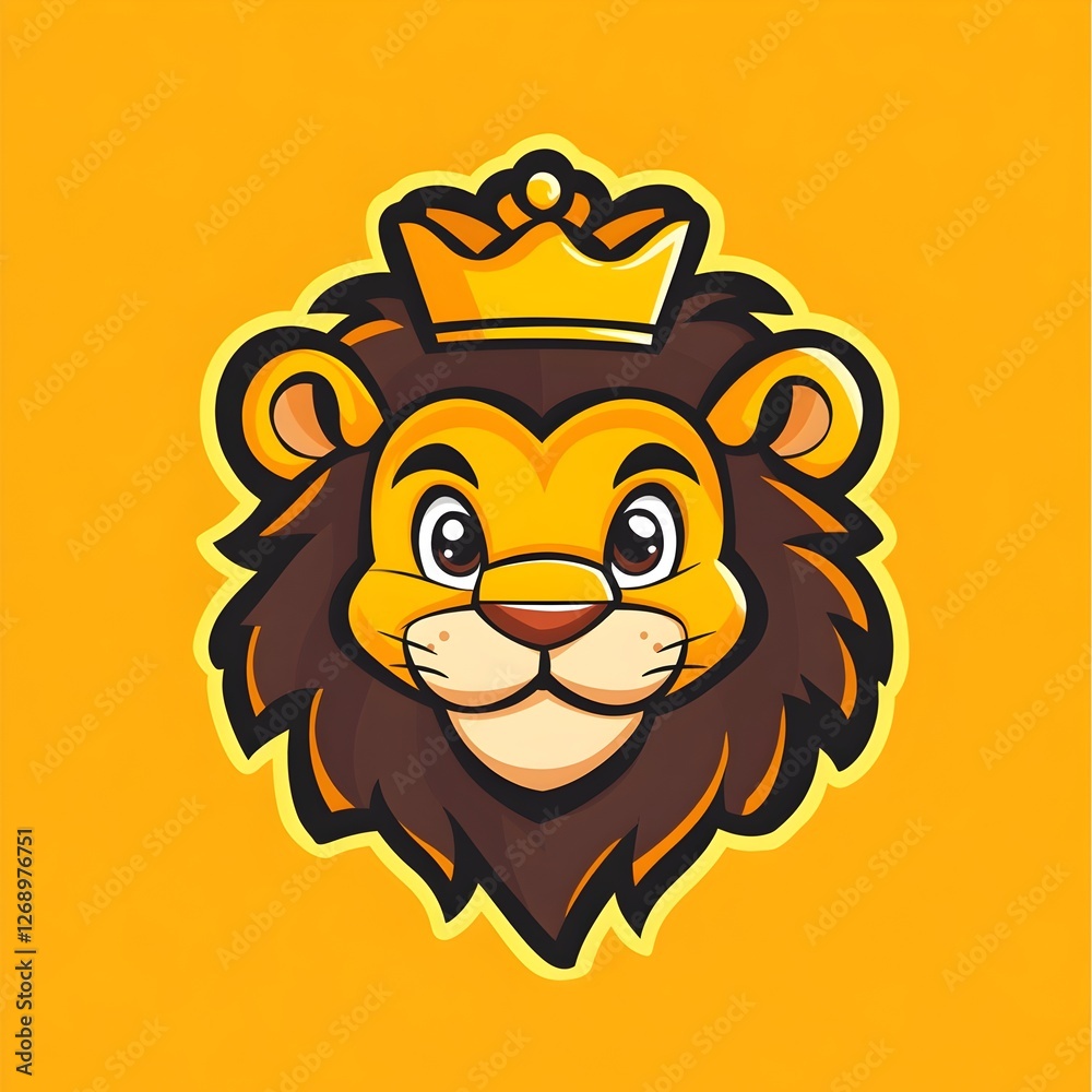 Cartoon Lion with Crown in Simple Flat Style
