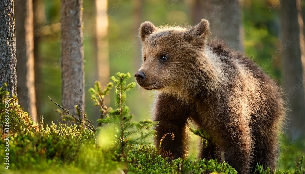 Fototapeta premium Una osa caminando en libertad por un bosque verde