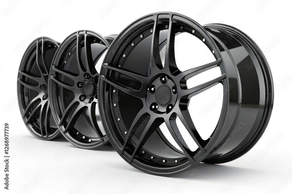 Obraz premium Car alloy black wheels on white background. Replacement and maintenance