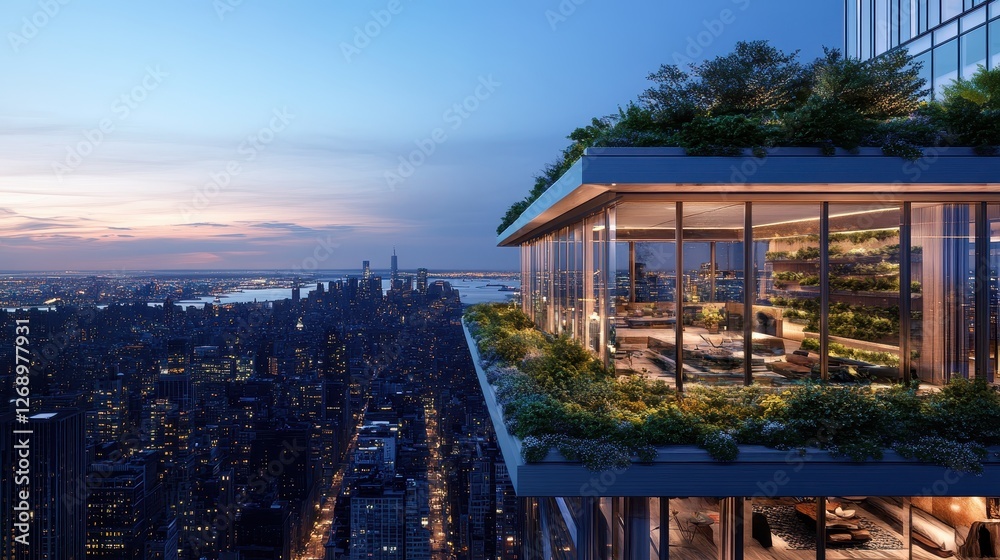 Obraz premium A scenic rooftop escape atop a skyscraper, featuring a sleek design, lush greenery, and a breathtaking city view under a twilight sky. 