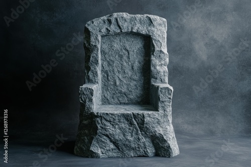 Throne made of gray stone sits in a dark room
