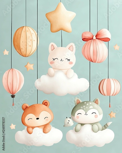 Pastel Cute Decoration Stage Kindergarten Cute cartoon animals floating on clouds with lanterns and stars in a whimsical design.