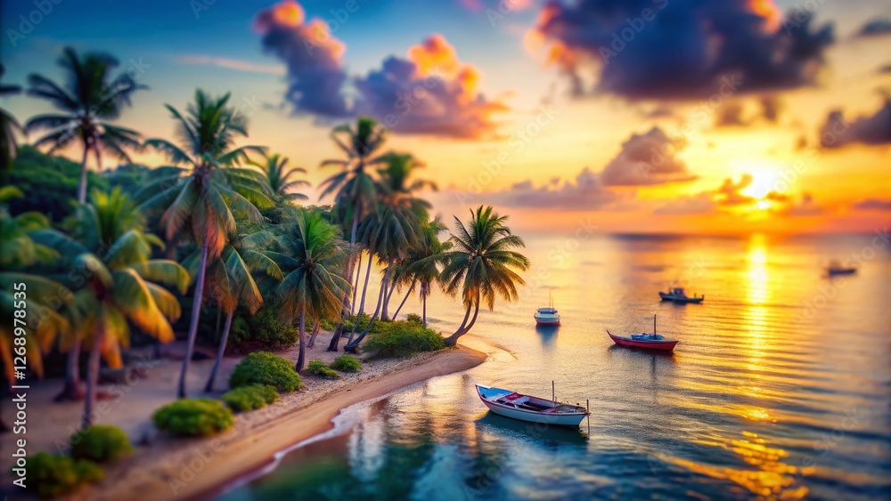Obraz premium Idyllic Sunset: Tilt-Shift Coconut Palm Forest & Boats on Tropical Island