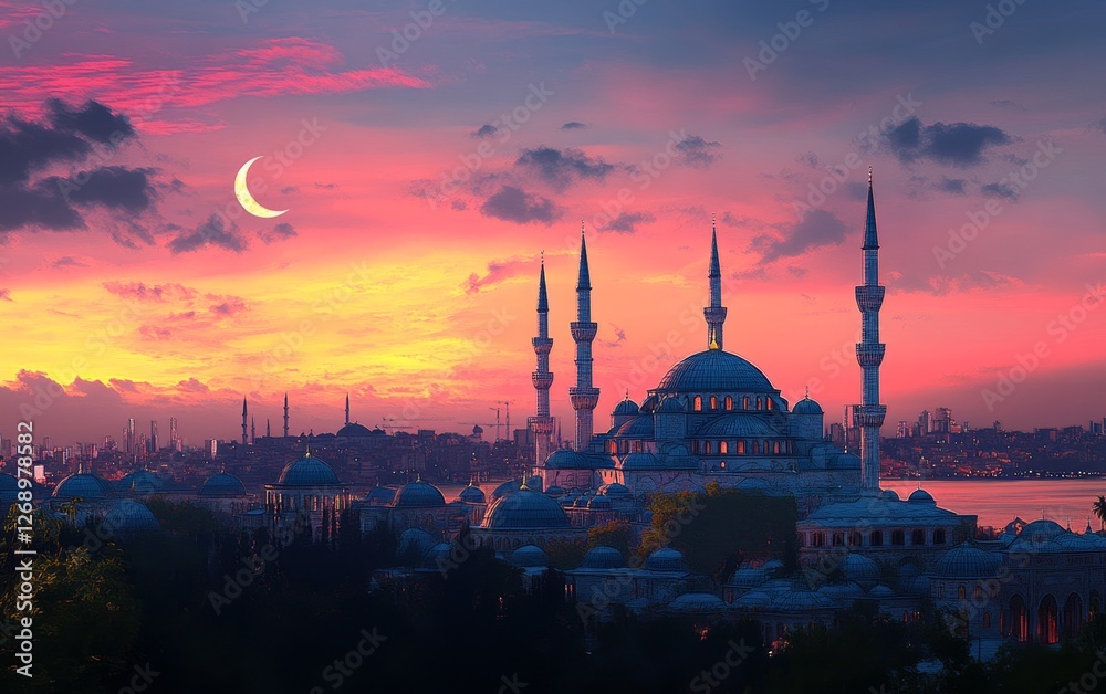 Fototapeta premium Majestic mosque at sunset over Istanbul cityscape, crescent moon