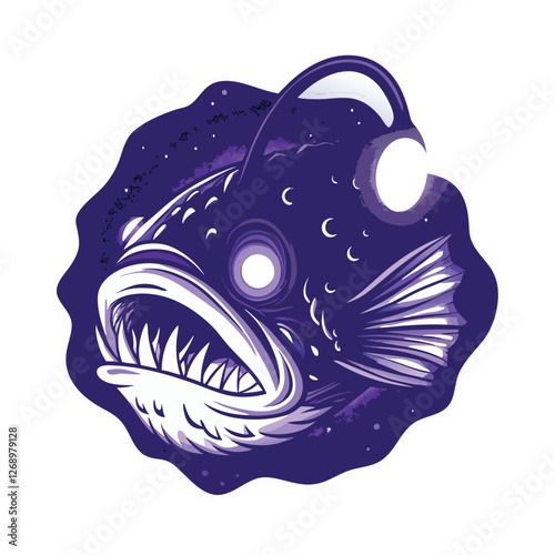 Create a photorealistic vector illustration of a deep-sea anglerfish, showcasing its bioluminescent lure and terrifying features.  Detail its unique anatomy.