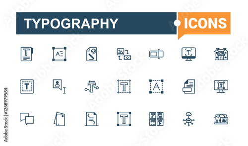 Typography icon set. Includes thin line tool, art, paintbrush, element, digital, creativity, brain, studio. Thin icon design. Vector icons editable stroke.
