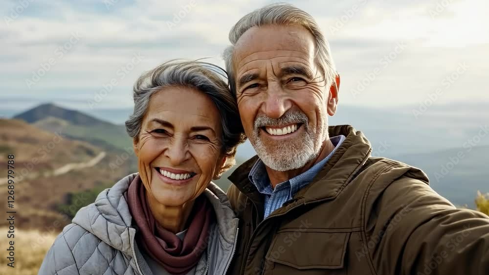 Joyful couple capturing mountain memories on a sunny day Joyful couple capturing mountain memories on a sunny day