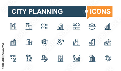 Set of City Planning line icons. Includes thin line courthouse, structure, urban, architecture, development, bank, app, contour and more. Pixel perfect. Vector icons editable stroke.