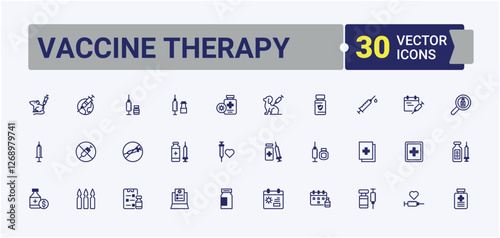 Vaccine Therapy minimal icon set. Related to treatment, disease, hospital, clinic, corona, certificate, stage and more. Minimal icons. Editable vector illustration.