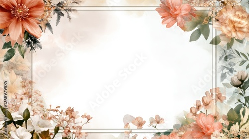 Floral frame, soft colors, decorative border, empty space for text photo