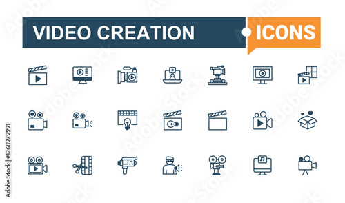 Video Creation Postal and Digital Mail modern icons set. Related to multimedia, television, play, camera, streaming, editing, simple and more. Pixel perfect. Minimalist vector.