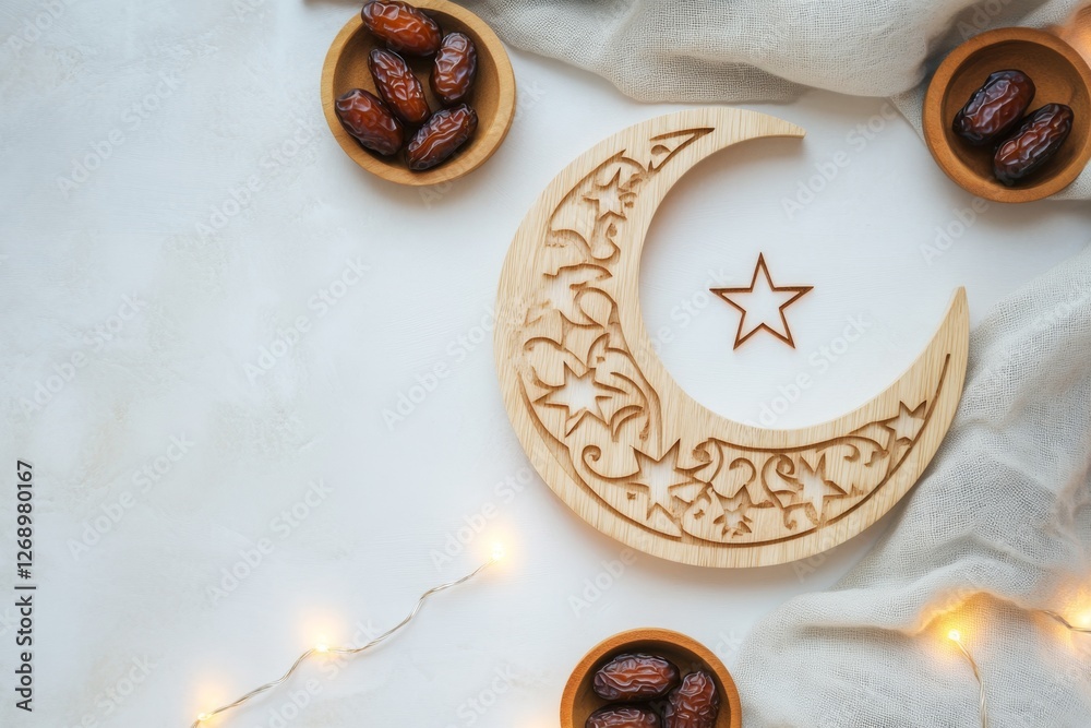 Ramadan crescent moon, dates, and fairy lights on a white surface Ramadan crescent moon, dates, and fairy lights on a white surface