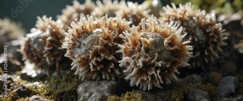 Closeup of Acorn barnacle Semibalanus balanoides with its feathery peduncle, benthic organisms, coral reef ecosystem, marine invertebrate