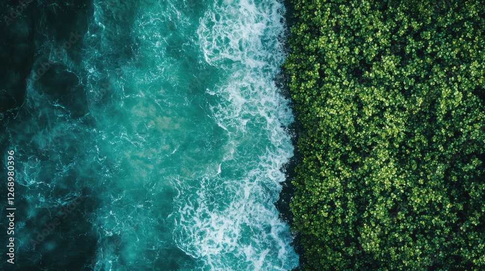 Serene Aerial View of Ocean Waves Meeting Lush Green Shoreline Serene Aerial View of Ocean Waves Meeting Lush Green Shoreline