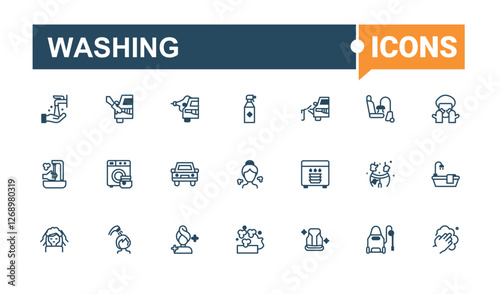 Washing set of modern icons. Contains related to bubble, soap, cleaner, water, equipment, antiseptic and more. Web icons. Editable vector outline and solid icons.
