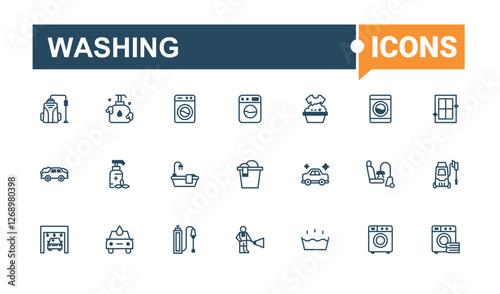 Washing set of modern icons. Contains related to bubble, soap, cleaner, water, equipment, antiseptic and more. Web icons. Editable vector outline and solid icons.