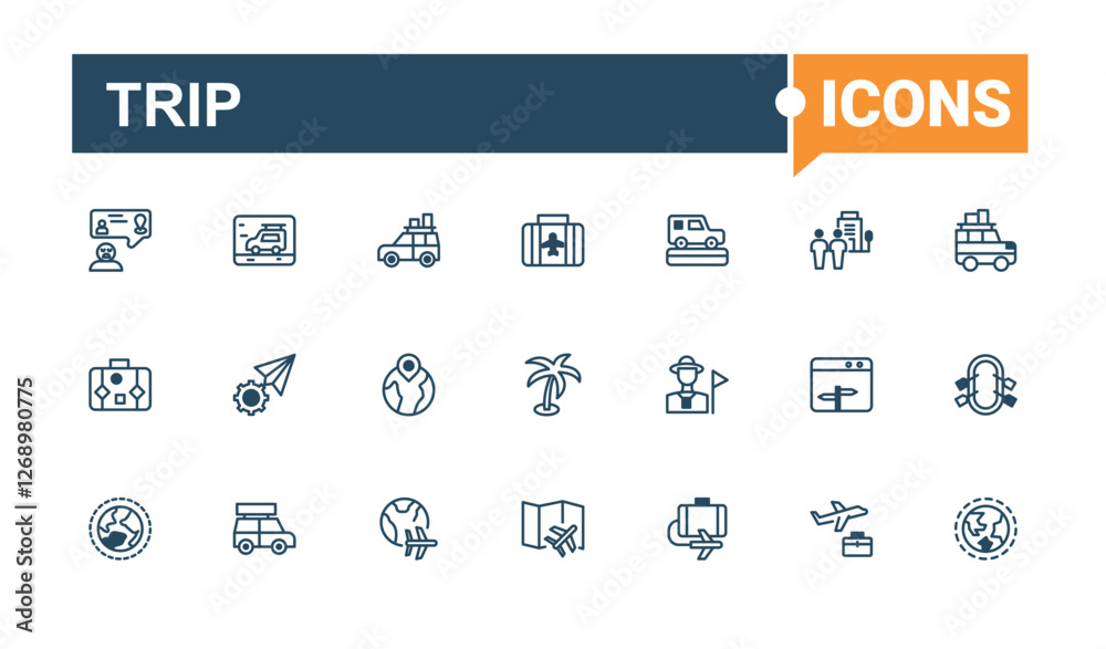 Trip icons set. It contains symbols to airport, parking, cruise, air, train, travel, trip and more. Thin outline icons pack. Editable vector stroke. Trip icons set. It contains symbols to airport, parking, cruise, air, train, travel, trip and more. Thin outline icons pack. Editable vector stroke.