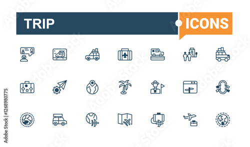 Trip icons set. It contains symbols to airport, parking, cruise, air, train, travel, trip and more. Thin outline icons pack. Editable vector stroke.