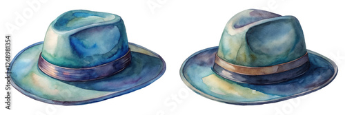 Watercolor hats illustration, stylish fedora design, artistic rendering, vibrant colors, fashion accessory, creative artwork.