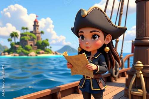 Adorable Cartoon Pirate Girl Studying Treasure Map on Ship Deck Tropical Island Background