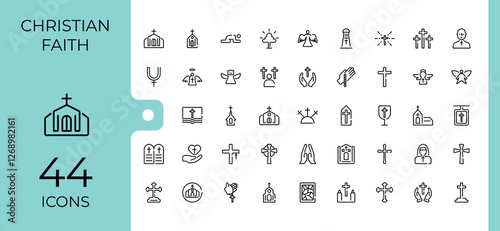 Set of Christian Religion line icons. Contains such icons as christianity, holy, catholicism, peace, spirit, easter and more. Minimal linear icons. Minimalist editable vector stroke.