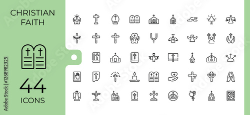Set of Christian Religion line icons. Contains such icons as christianity, holy, catholicism, peace, spirit, easter and more. Minimal linear icons. Minimalist editable vector stroke.