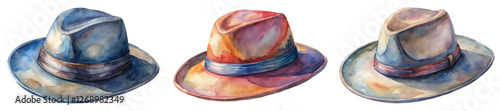 Watercolor hats illustration, stylish headwear, artistic design, fashion accessories, vibrant colors, creative artwork.