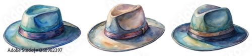 Watercolor hats illustration, stylish headwear, artistic design, soft colors, fashion accessories, creative artwork.