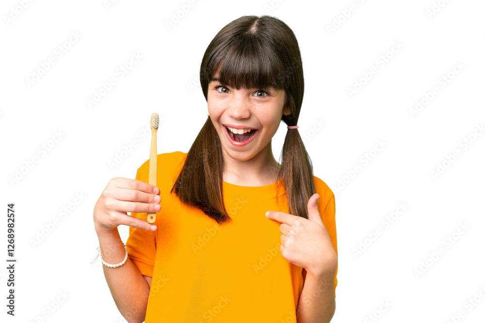 Little caucasian girl brushing teeth over isolated background with surprise facial expression Little caucasian girl brushing teeth over isolated background with surprise facial expression