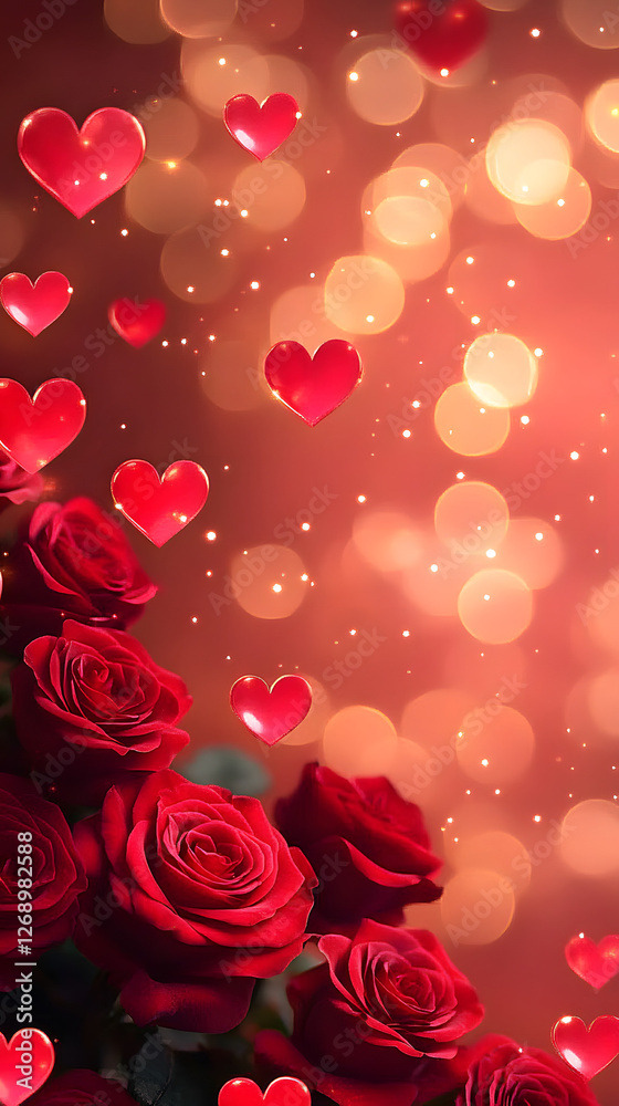 Vibrant Valentines background with glowing red roses and cascading pink hearts over a smooth red to gold gradient Vibrant Valentines background with glowing red roses and cascading pink hearts over a smooth red to gold gradient