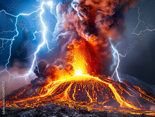 Imagination of a Volcano eruption near Santorini island. A dramatic scene unfolds as lightning strikes a violently erupting volcano.