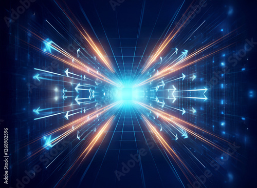 Futuristic blue tunnel with glowing orange light rays and arrows converging towards a bright center. Conveys speed, motion, and digital technology.