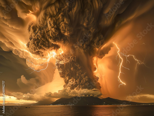 Imagination of a Volcano eruption near Santorini island. A dramatic scene unfolds as lightning strikes a violently erupting volcano.