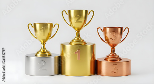 A set of three trophies—gold, silver, and bronze—placed on corresponding podiums numbered 1, 2, and 3, symbolizing achievement, competition, and success in sports, business, or academic excellence