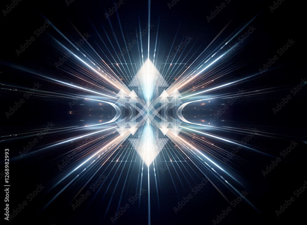 Abstract geometric design featuring a central diamond shape emitting radiant light rays in blue, white, and peach tones against a dark backdrop, creating a dynamic and futuristic visual effect. Abstract geometric design featuring a central diamond shape emitting radiant light rays in blue, white, and peach tones against a dark backdrop, creating a dynamic and futuristic visual effect.