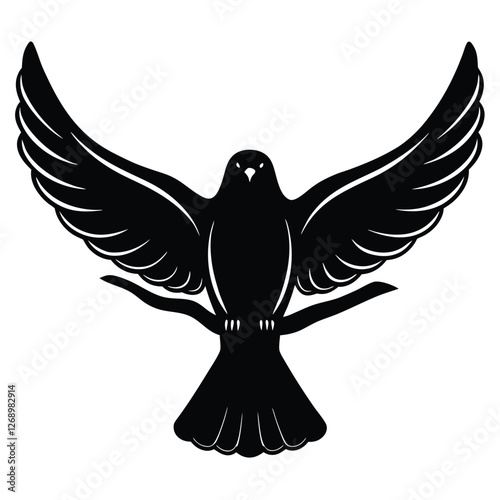A fully black silhouette of a bird, depicted either in mid-flight with its wings gracefully spread wide or perched on a branch in a relaxed posture.  