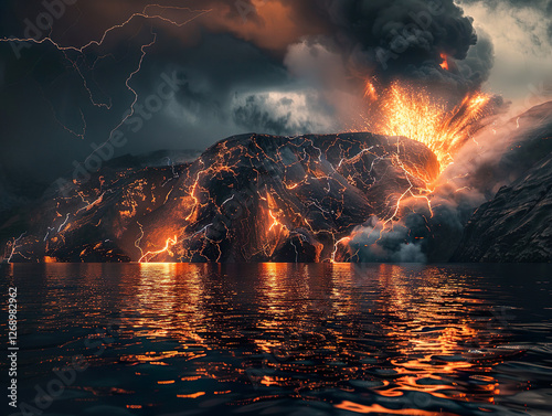 Imagination of a Volcano eruption near Santorini island. A dramatic scene unfolds as lightning strikes a violently erupting volcano.