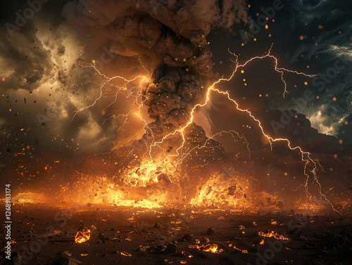 Imagination of a Volcano eruption near Santorini island. A dramatic scene unfolds as lightning strikes a violently erupting volcano.