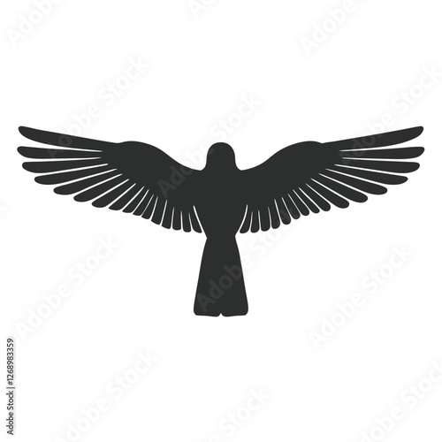 A fully black silhouette of a bird, depicted either in mid-flight with its wings gracefully spread wide or perched on a branch in a relaxed posture.  