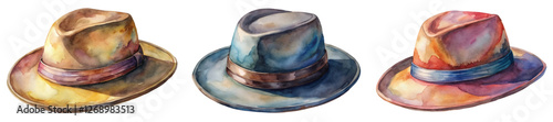 Watercolor hats illustration, stylish headwear designs, colorful fashion accessories, artistic rendering, creative visual appeal.