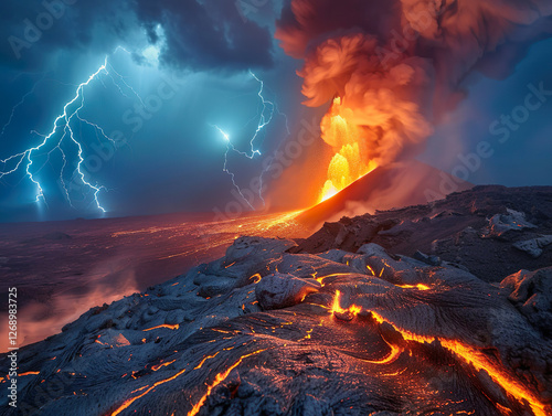 Imagination of a Volcano eruption near Santorini island. A dramatic scene unfolds as lightning strikes a violently erupting volcano.