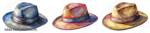 Watercolor hats illustration, stylish headwear designs, artistic fashion showcase, vibrant color palette, creative artwork.