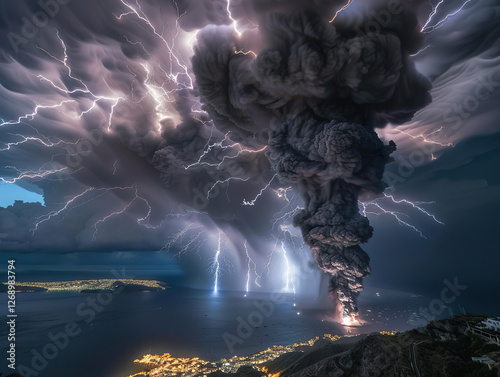 Imagination of a Volcano eruption near Santorini island. A dramatic scene unfolds as lightning strikes a violently erupting volcano.