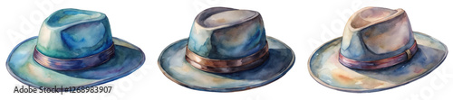Watercolor hats illustration, stylish headwear design, artistic fashion accessories, vibrant colors, creative artwork.